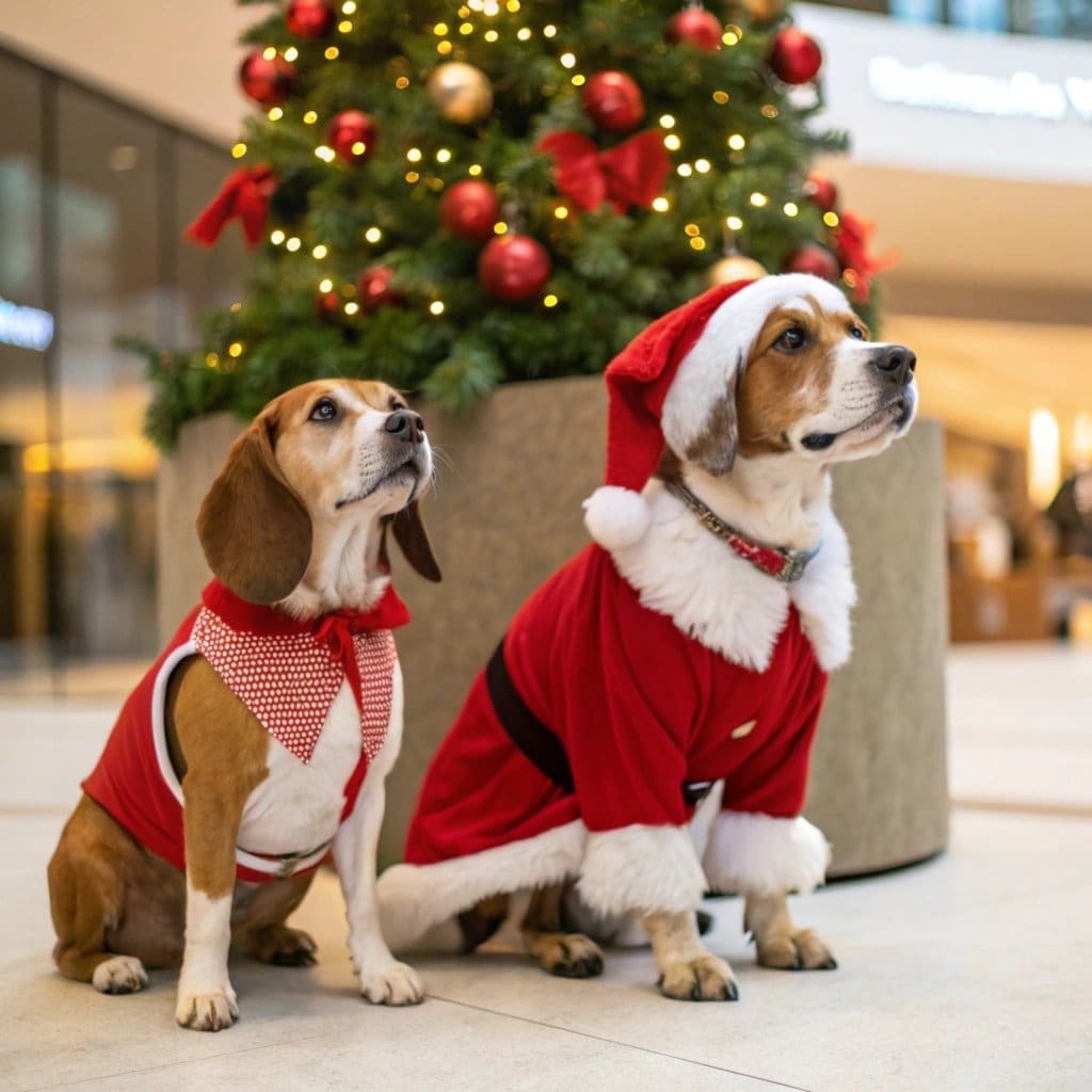 Dogs dressed as Santa by Christmas tree indoors.