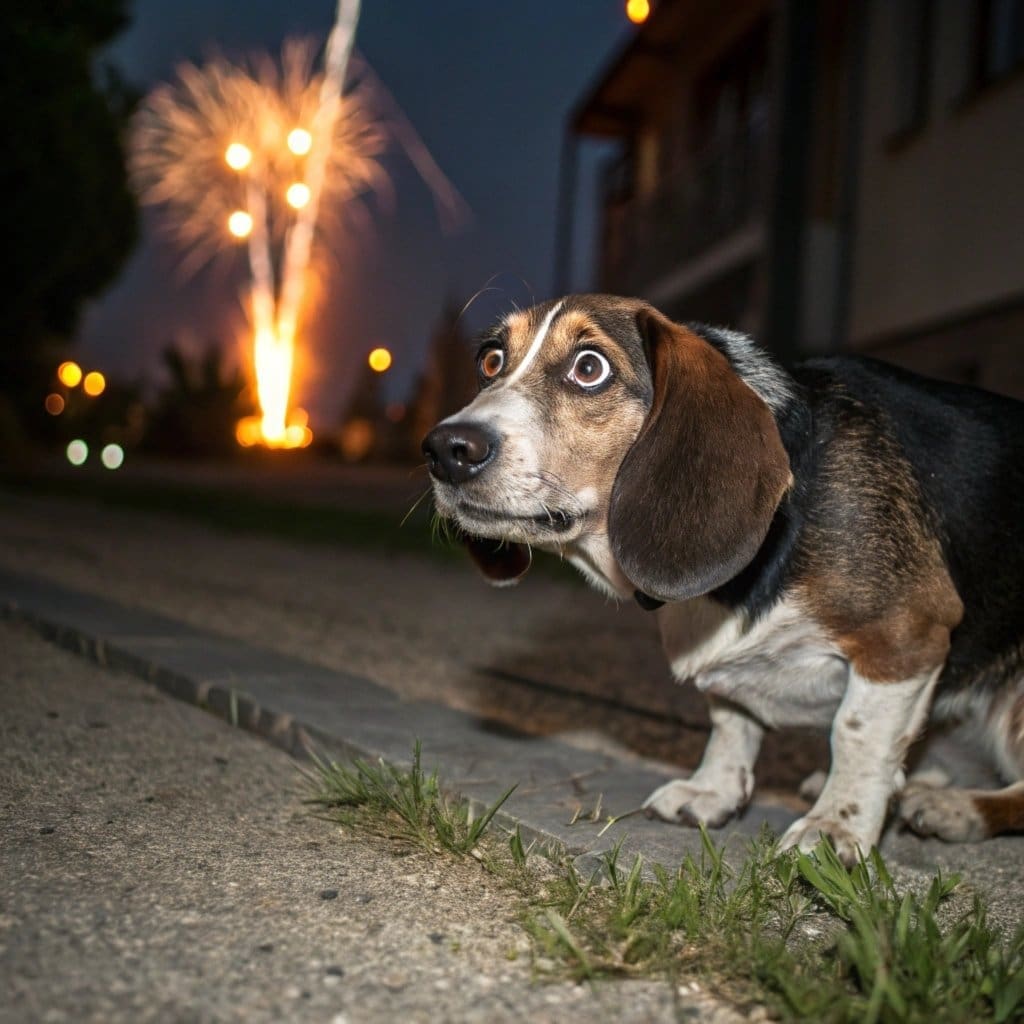 Frightened dog reacting to fireworks at night.